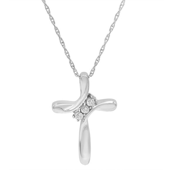 Sterling Silver Three Diamond in Cross Pendant-Necklace - Picture 1 of 5